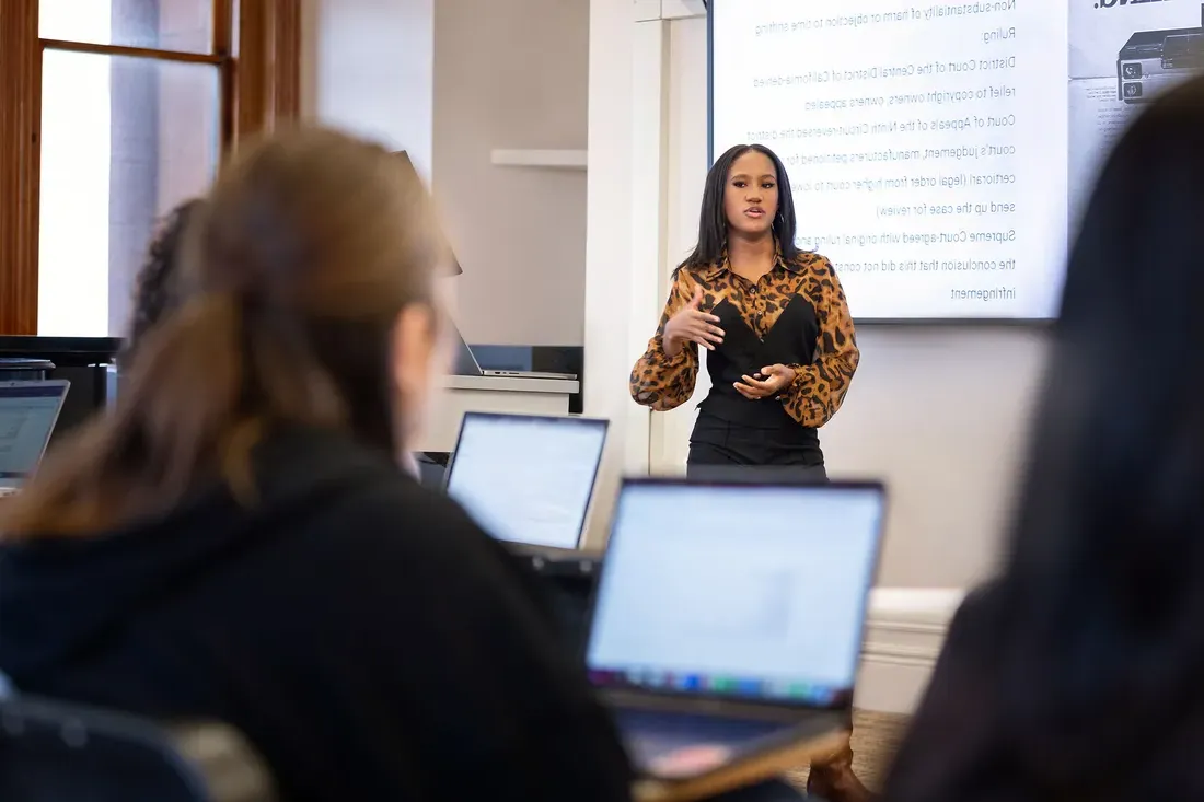 Student Gabrielle Pinkney giving a presentation in music law class.